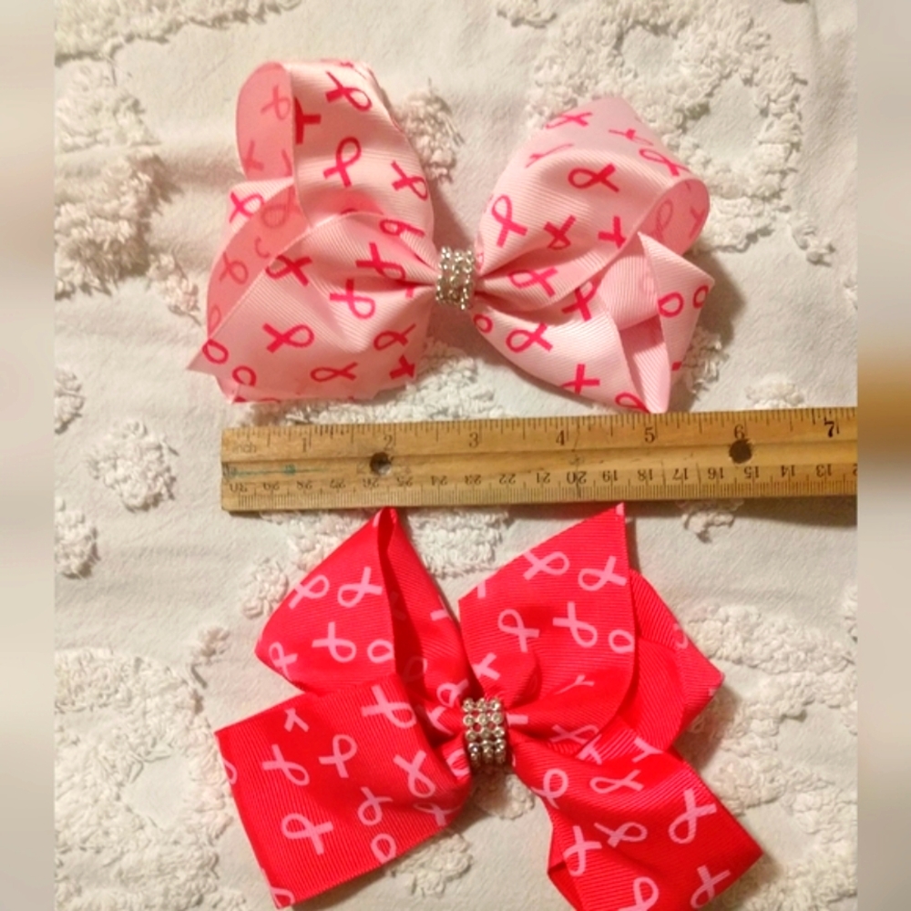 🩷 BREAST CANCER Glitter RHINESTONES HAIR BOWS (2) NEW
